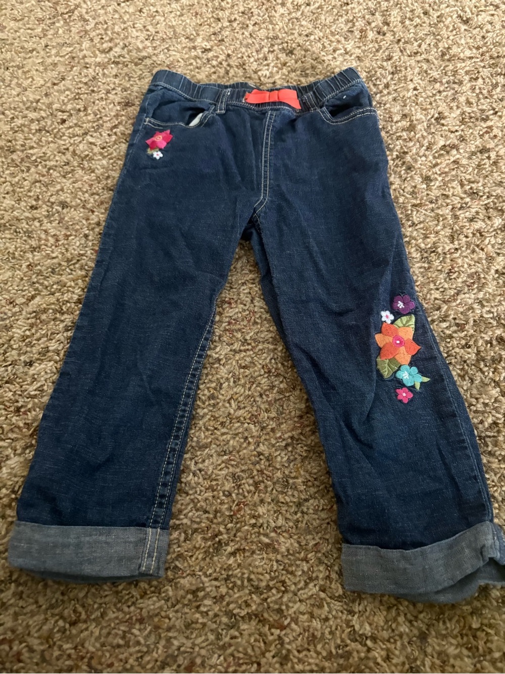 Gymboree Dark Blue Jeans with Colorful Floral Embroidery